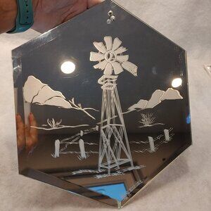 VIntage Octagon Art Deco Wall Mirror Etched Glass